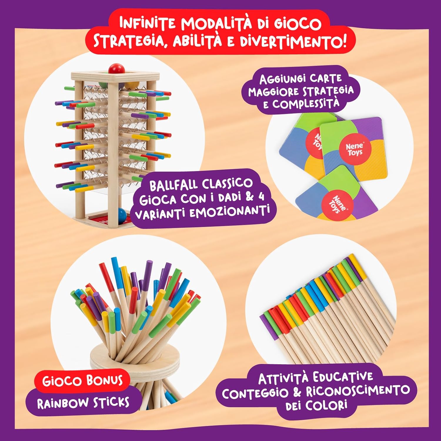 Nene Toys BALLFALL Gioco da Tavolo con Bastoncini, Dado e Carte