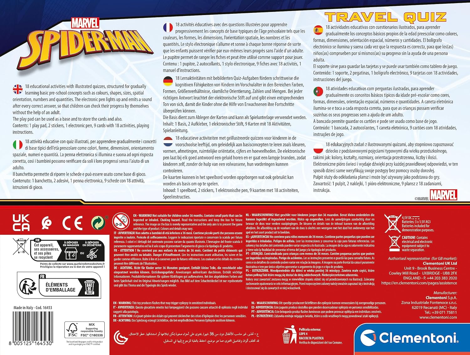 Clementoni Sapientino - Travel Quiz Marvel Spiderman, Gioco Educativo con Penna Elettronica per Bambini