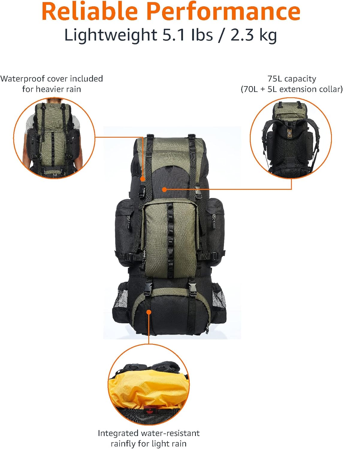 Amazon Basics - Zaino da escursionismo con telaio interno e cerniera antipioggia